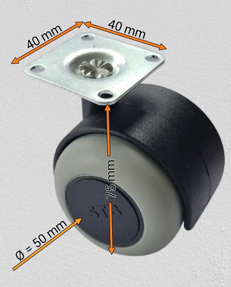 Castor wheel PU 200kg weight capacity 50mm diameter Heavy duty Caster for Furniture With plate Set of 4 BlackGrey  - Image 2