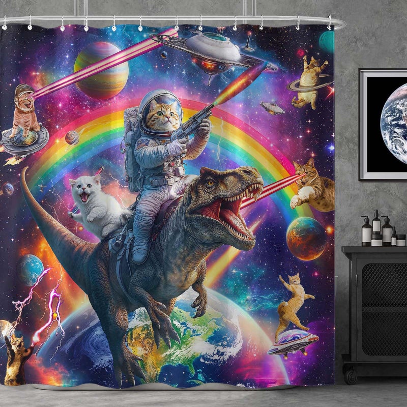 Fowocu Funny Cat Dinosaur Shower Curtain Fun Cool Colorful Space Cats Shower Curtains for Bathroom Fantasy Galaxy Universe Anime Kids Waterproof Fabric Bath Curtain Decor 72 X 72 Inches