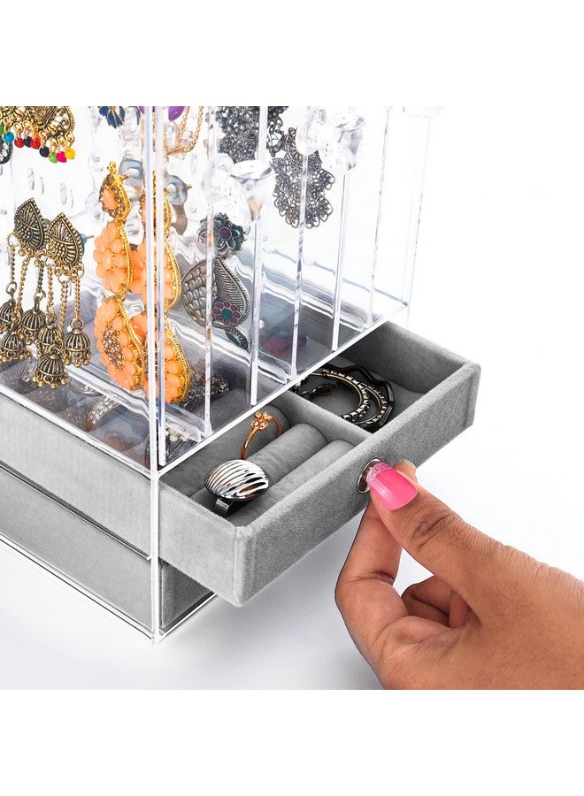 ABOUT SPACE Acrylic Earring Organizer Transparent Cosmetic Jewellery Box - 3 Layer Vertical Rack with Removable 2 Drawers for Rings,Necklaces,Jhumkas -Travel Jewelry Case for Women(L13x13WxH24.5 cm) - Image 5