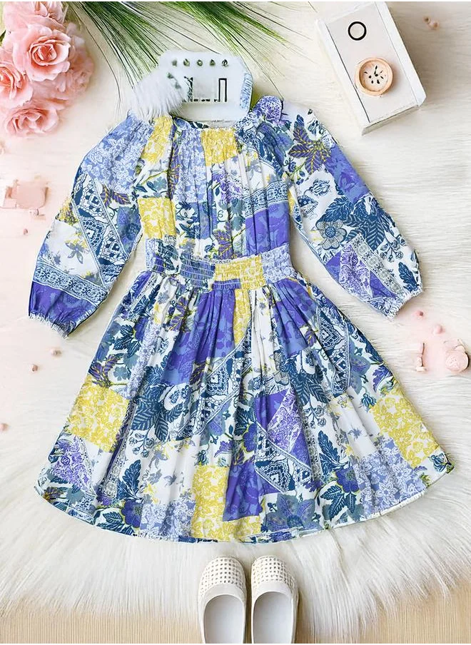 BELLA MODA Bella Moda All-Over Print Cotton Dress with Smocked Waist