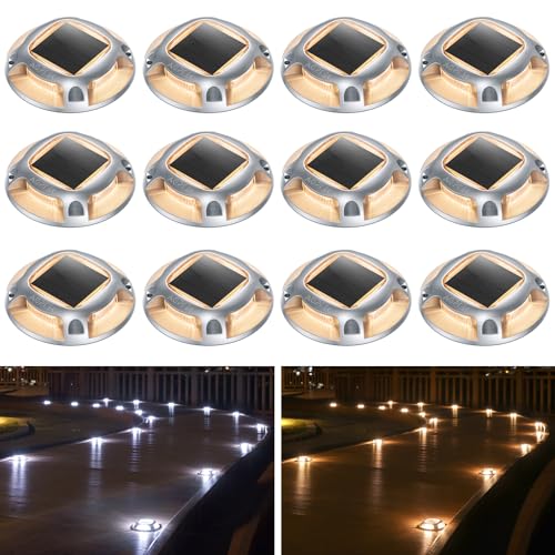 AGPTEK Solar Driveway Lights Outdoor 12 Pack, 2 Color Modes LED Deck Dock Marine Waterproof Driveway Marker Lights for Step Sidewalk Stair Garden Pathway Walkway Yard (Warm White/Cool White) - Image 1