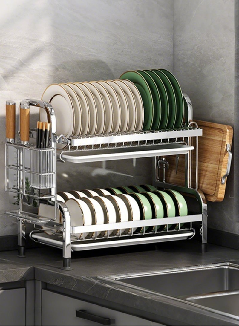 Jourvent Stainless Steel Dish Drying Rack - Double Tier with Drip Tray, Removable Cutting Board Holder & Utensil Storage, Efficient Drain System, Bright Gold - Image 1