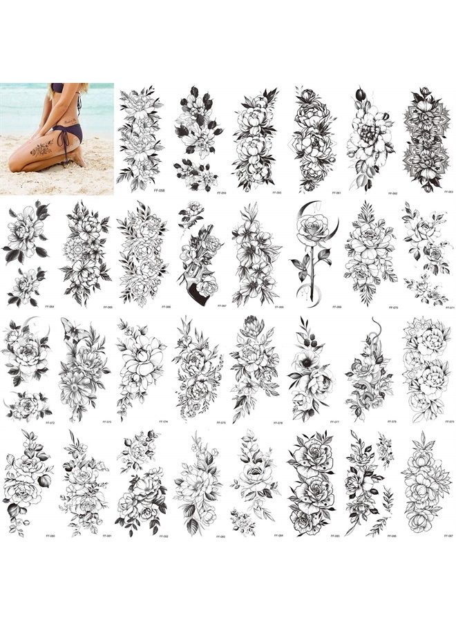 Pinone 30 قطعة ملصق وشم مؤقت للنساء، وشم زهور جميل مزيف