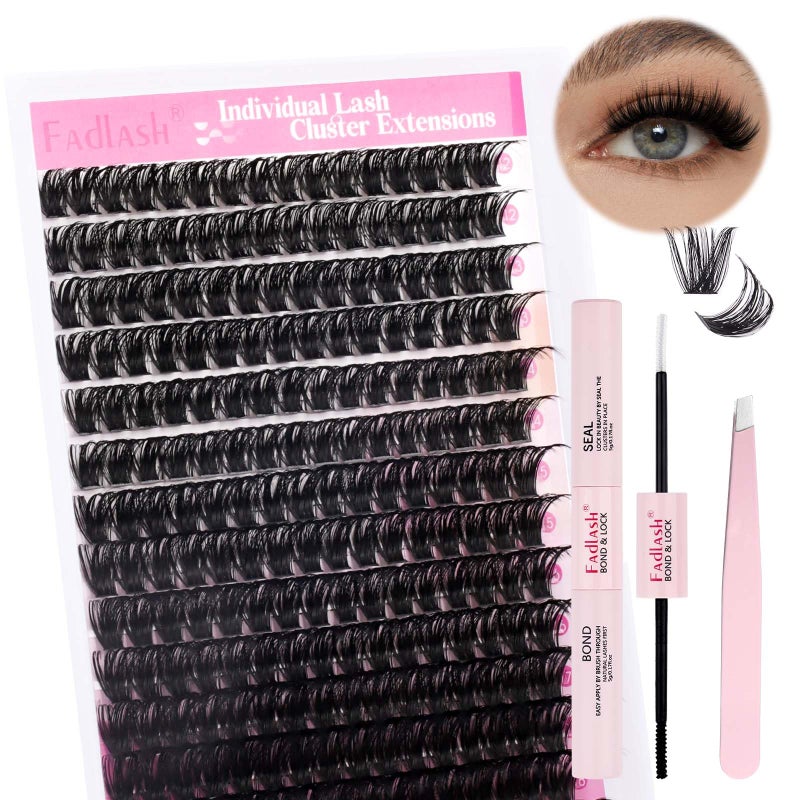 FADLASH Lash Extension Kit Volume Fluffy Lashes Clusters D Curl Eyelash Extensions with Bond and Seal Tweezers for DIY at Home Natural and Soft (100D-0.07D-12-18MIX KIT) - Image 1