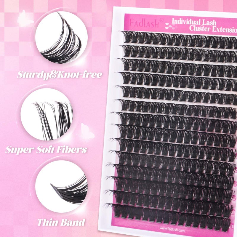 FADLASH Lash Extension Kit Volume Fluffy Lashes Clusters D Curl Eyelash Extensions with Bond and Seal Tweezers for DIY at Home Natural and Soft (100D-0.07D-12-18MIX KIT) - Image 3