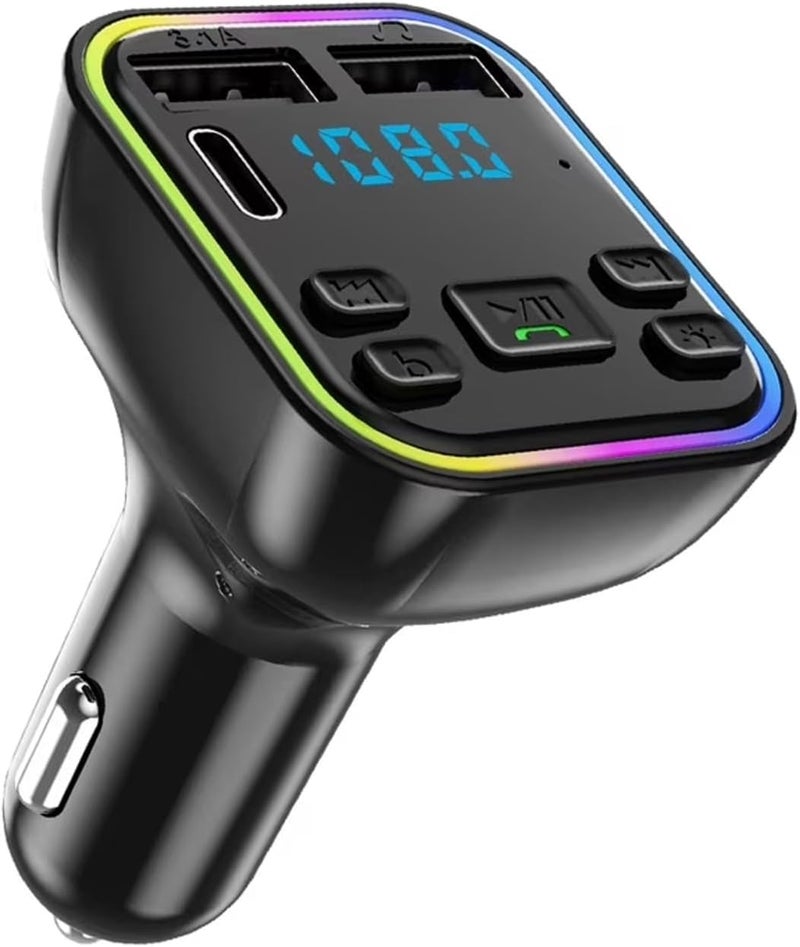 جهاز إرسال بلوتوث 5.0 للسيارات، مزود بمنفذ PD Type-C ومنافذ USB 3.1A للشحن السريع، إضاءة RGB، وميزة المكالمات اللاسلكية - Image 1