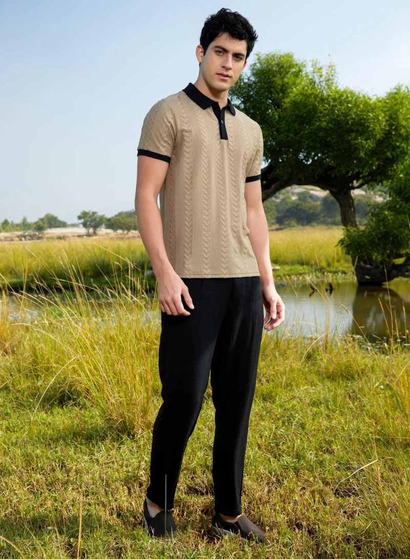 Campus Sutra Men's Camel Beige & Onyx Black Arc-Tactile Polo T-Shirt