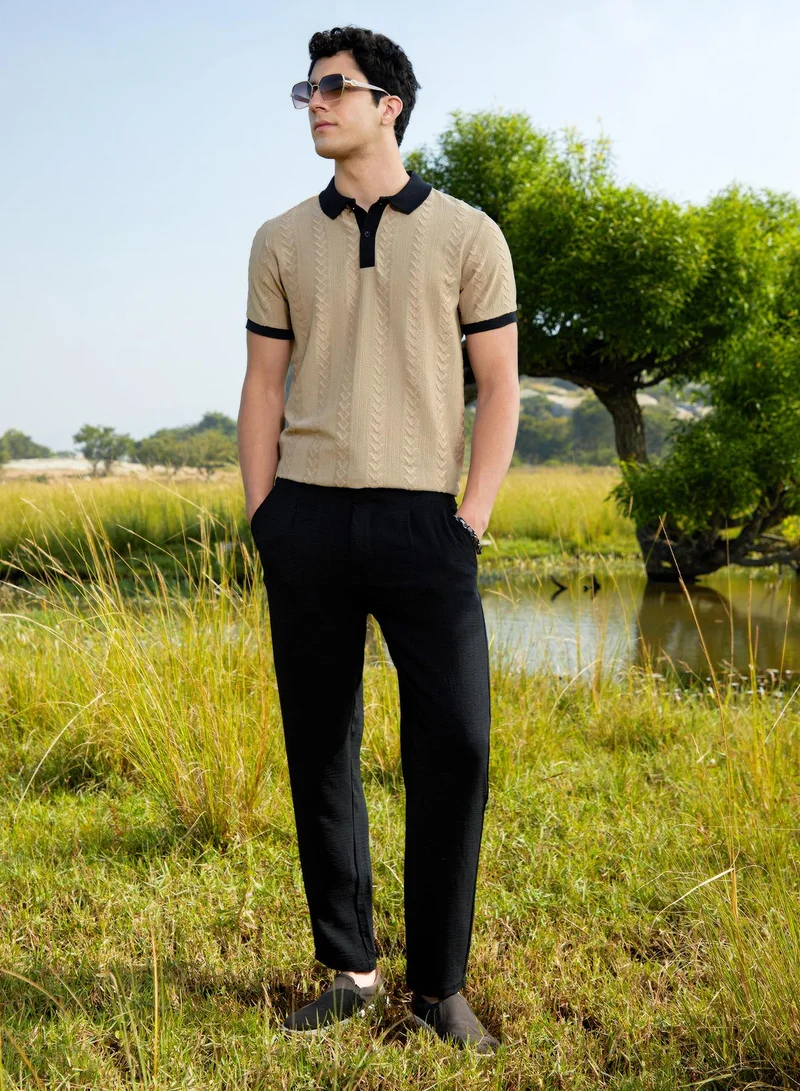 Campus Sutra Men's Camel Beige & Onyx Black Arc-Tactile Polo T-Shirt