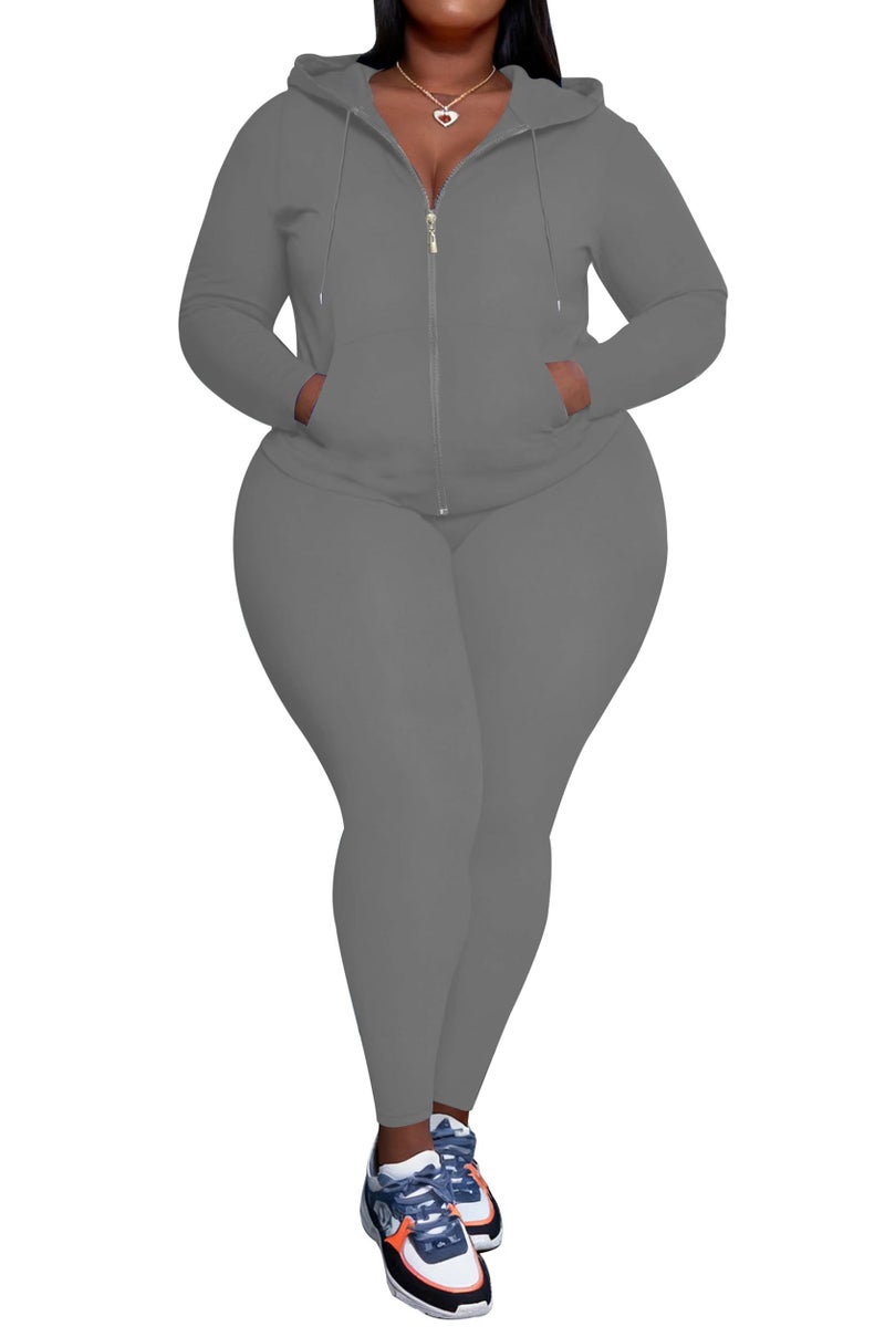 PINSV Women's Plus Size 2 Piece Outfits Sweatsuits Zip Up Hoodie Pants Tracksuit Sets Grey 4XL - Image 3