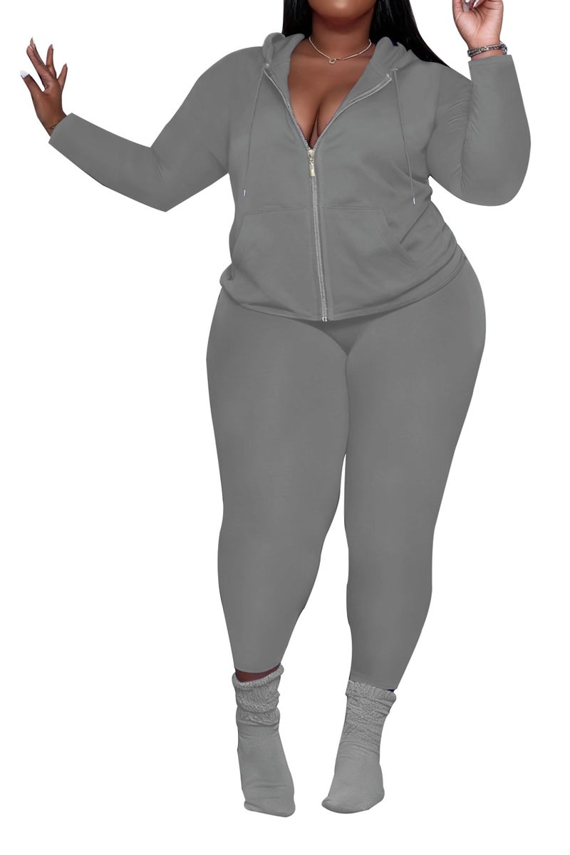 PINSV Women's Plus Size 2 Piece Outfits Sweatsuits Zip Up Hoodie Pants Tracksuit Sets Grey 4XL - Image 1