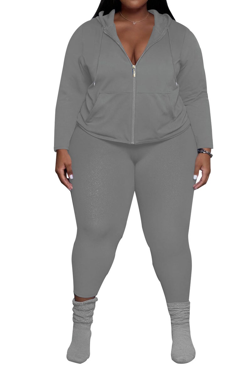 PINSV Women's Plus Size 2 Piece Outfits Sweatsuits Zip Up Hoodie Pants Tracksuit Sets Grey 4XL - Image 2