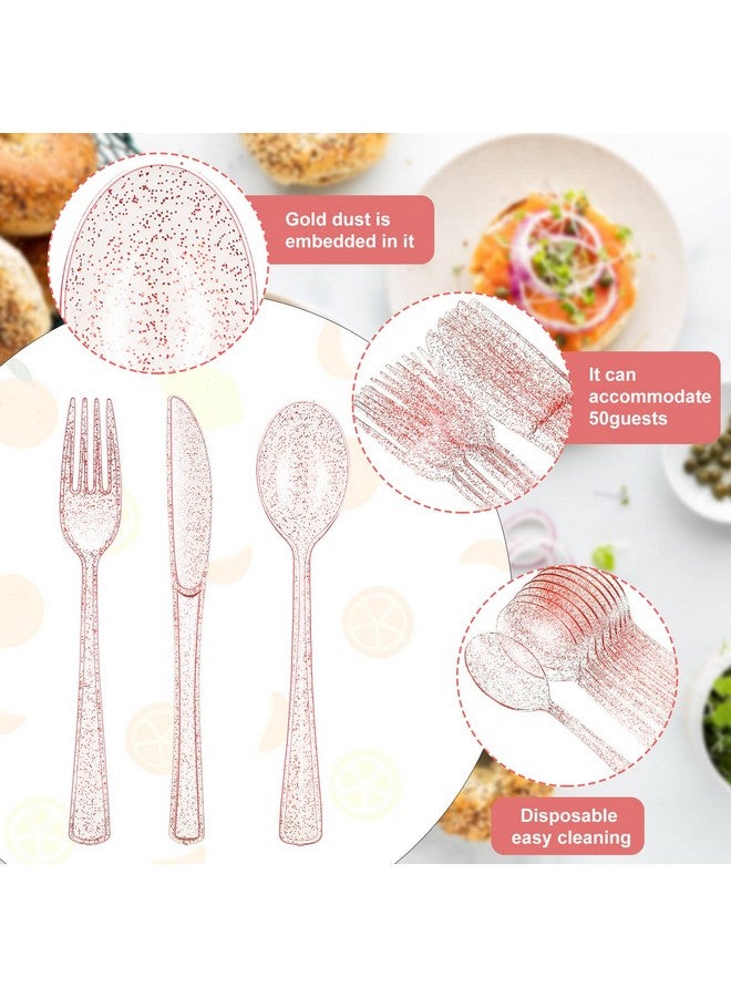 Youyole 150 Pcs Pink Plastic Silverware Set Disposable Plastic Flatware Christmas Silverware Includes 50 Plastic Forks 50 Plastic Spoons 50 Knives Glittery Plastic Cutlery Pink Utensils Set for Birthday - Image 3