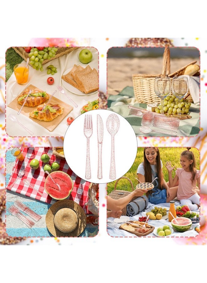 Youyole 150 Pcs Pink Plastic Silverware Set Disposable Plastic Flatware Christmas Silverware Includes 50 Plastic Forks 50 Plastic Spoons 50 Knives Glittery Plastic Cutlery Pink Utensils Set for Birthday - Image 5