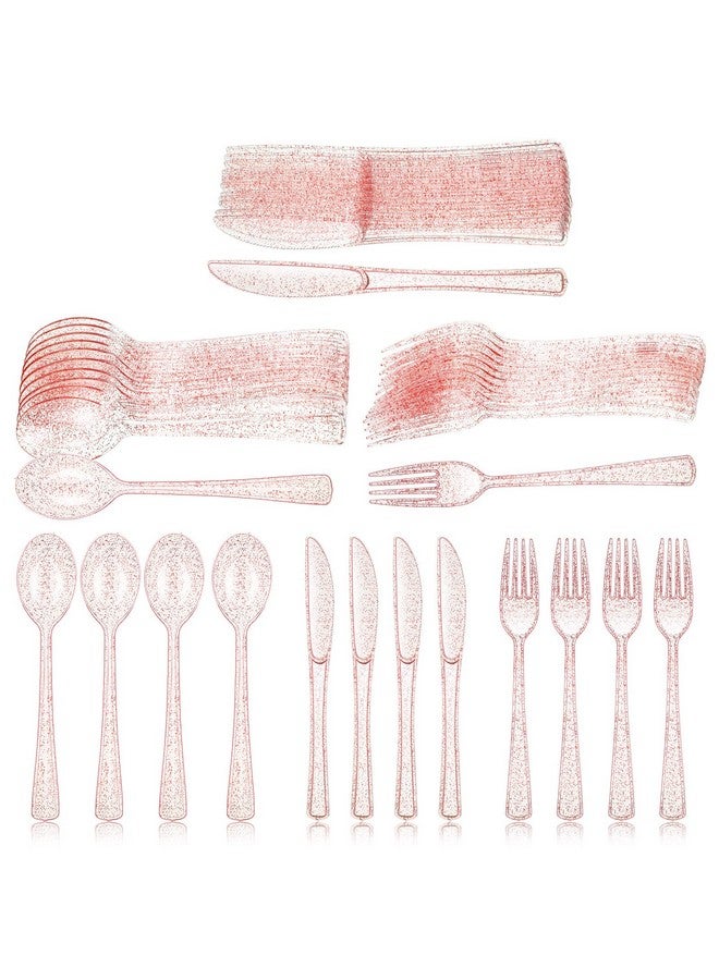 Youyole 150 Pcs Pink Plastic Silverware Set Disposable Plastic Flatware Christmas Silverware Includes 50 Plastic Forks 50 Plastic Spoons 50 Knives Glittery Plastic Cutlery Pink Utensils Set for Birthday - Image 1