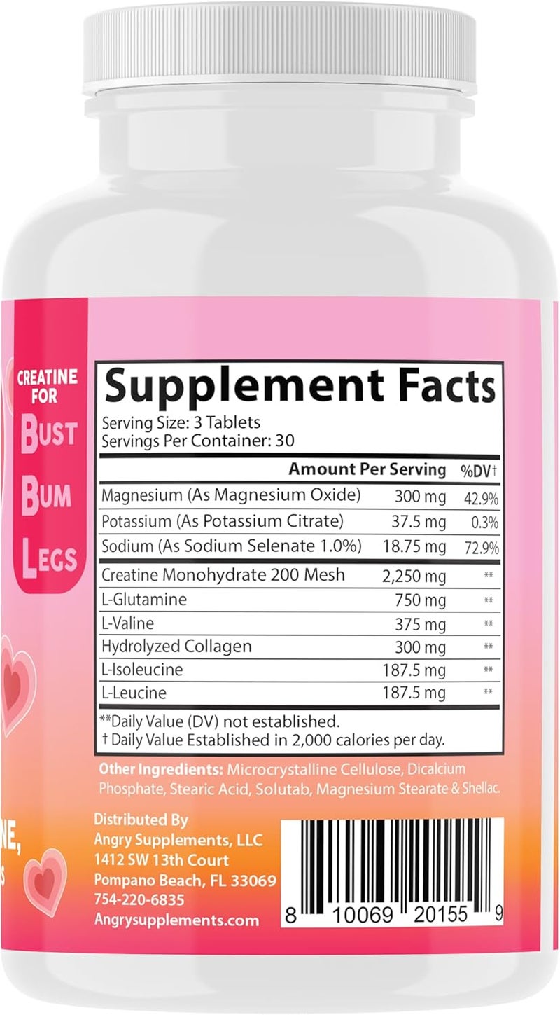 Angry Supplements أقراص بي بي إل لتحسين المؤخرة  مكمل كرياتين لزيادة حجم المؤخرة  بناء العضلات  مكمل لبناء الأرداف للنساء مع كرياتين مونوهيدرات  إل-جلوتامين  كولاجين وبي سي إيه إيه  90 حبة - Image 3