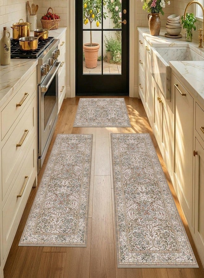 JTJ Washable Kitchen Rug Set of 3, Non-Slip Low Pile Mats in Calming Neutral Tones, Elegant Vintage-Inspired Pattern for Sink Areas, Laundry Room and Cozy Home Décor - Image 5