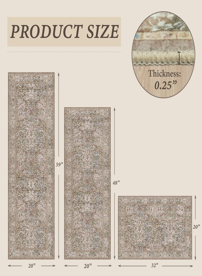 JTJ Washable Kitchen Rug Set of 3, Non-Slip Low Pile Mats in Calming Neutral Tones, Elegant Vintage-Inspired Pattern for Sink Areas, Laundry Room and Cozy Home Décor - Image 2