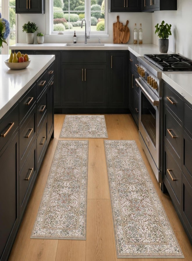 JTJ Washable Kitchen Rug Set of 3, Non-Slip Low Pile Mats in Calming Neutral Tones, Elegant Vintage-Inspired Pattern for Sink Areas, Laundry Room and Cozy Home Décor - Image 1