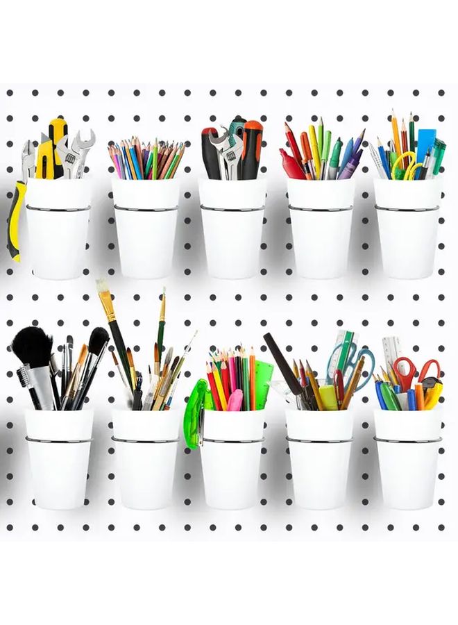 White 10pcs Hole Board Storage Cups Set with Hooks for Organizing Tools Office Garage - Image 1
