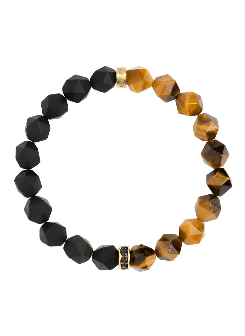 AWNL - Men's Beaded Bracelet with Black Onyx and Tiger Eye, Natural Gemstones Silver Lucky Wheel Charm Gift for Husband Boyfriend - Image 1