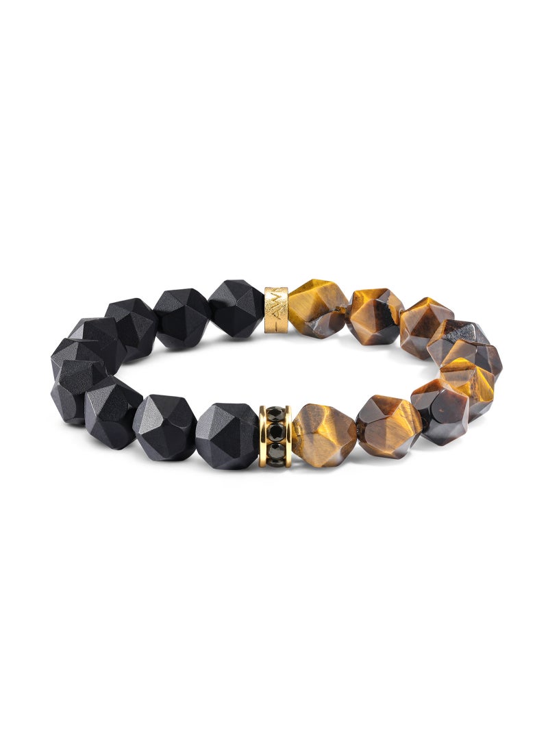 AWNL - Men's Beaded Bracelet with Black Onyx and Tiger Eye, Natural Gemstones Silver Lucky Wheel Charm Gift for Husband Boyfriend - Image 1