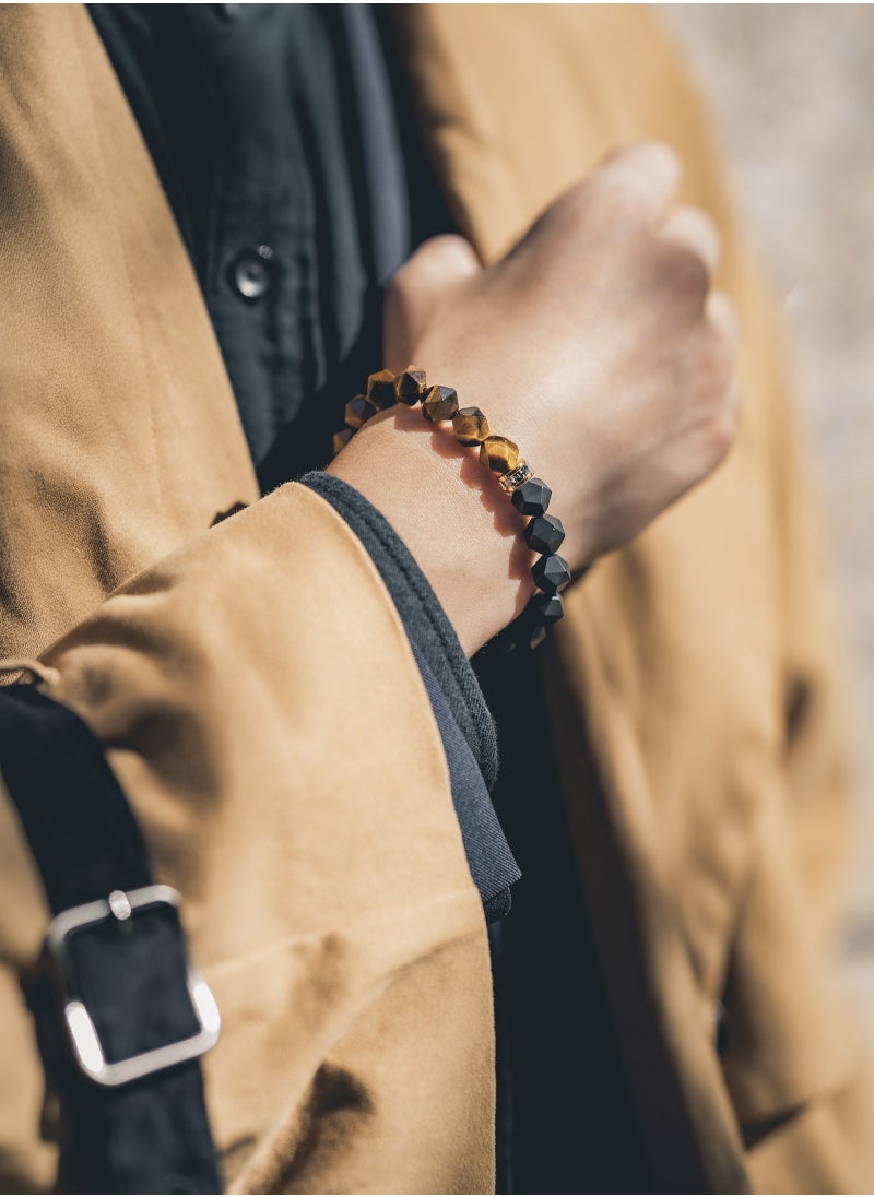AWNL - Men's Beaded Bracelet with Black Onyx and Tiger Eye, Natural Gemstones Silver Lucky Wheel Charm Gift for Husband Boyfriend - Image 1