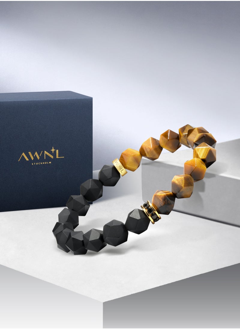 AWNL - Men's Beaded Bracelet with Black Onyx and Tiger Eye, Natural Gemstones Silver Lucky Wheel Charm Gift for Husband Boyfriend - Image 1
