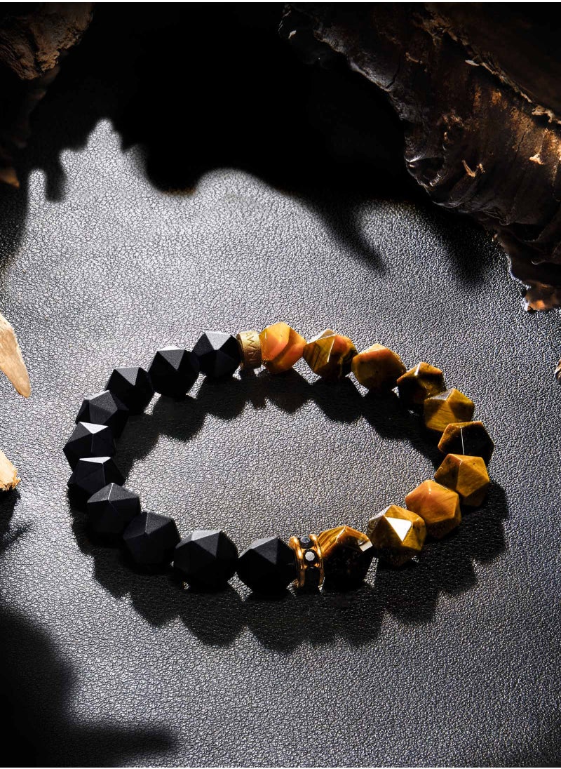 AWNL - Men's Beaded Bracelet with Black Onyx and Tiger Eye, Natural Gemstones Silver Lucky Wheel Charm Gift for Husband Boyfriend - Image 1