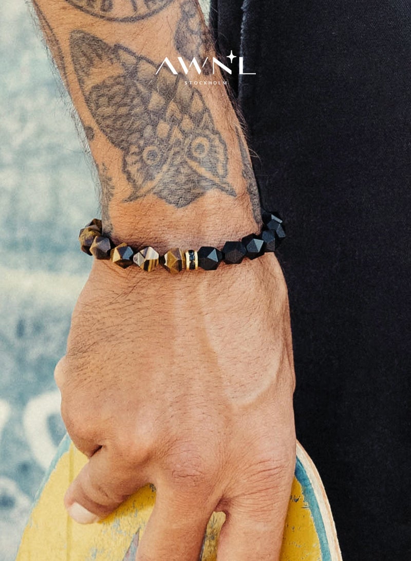 AWNL Men's Beaded Bracelet with Black Onyx and Tiger Eye, Natural Gemstones Silver Lucky Wheel Charm Gift for Husband Boyfriend  - Image 1