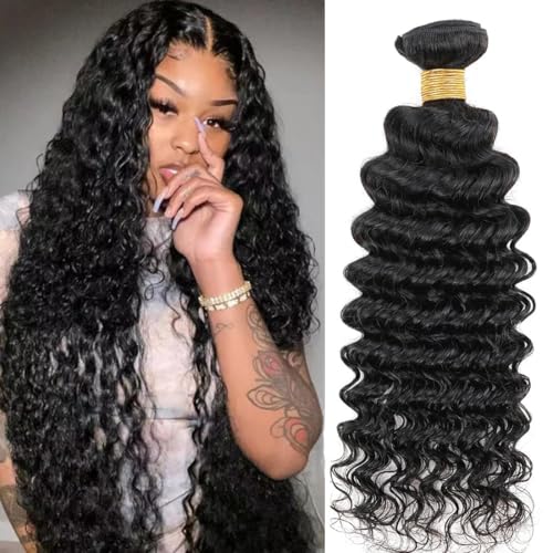 AUTTO Human Hair Bundles Brazilian Deep Wave Human Hair One Bundle 12inch 100% Unprocessed Virgin Deep Wave Curly Water Wave Wet and Wavy Weave Raw Bundles Deals Natural Black - Image 1