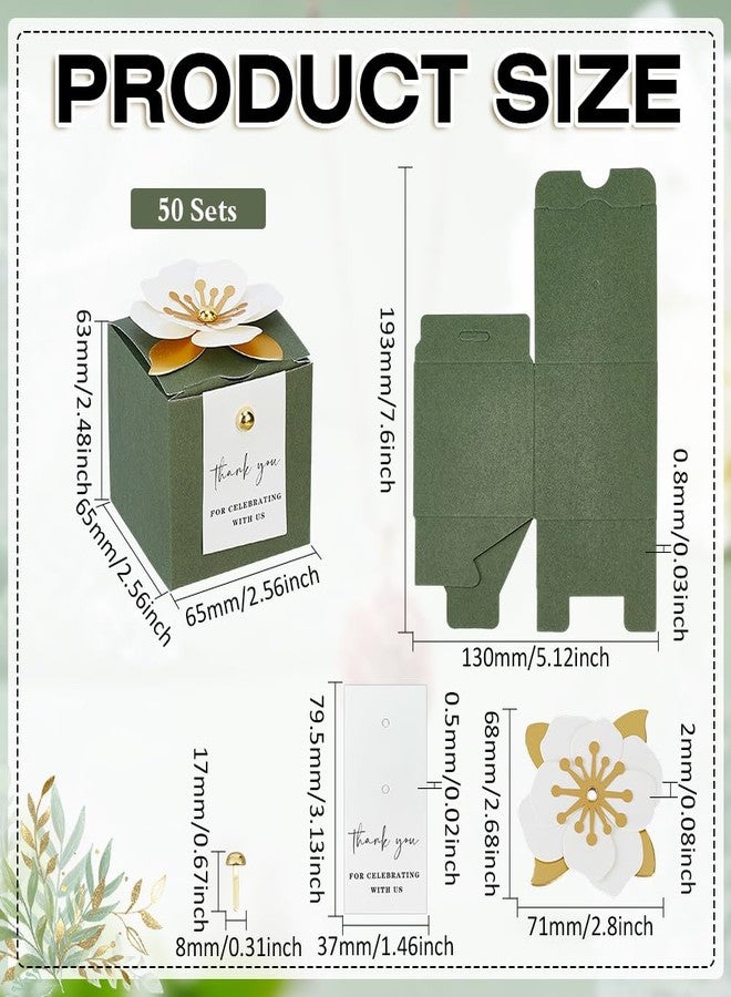 MAYJOYDIY 50 Sets 3 In 1 Dark Green Favor Boxes with Floral Decor Wedding Favor Boxes 2.6x2.6x2.5inch White Thank You Tags Gift Wrapping for Weddings Birthdays Bulk Packaging Containers - Image 2