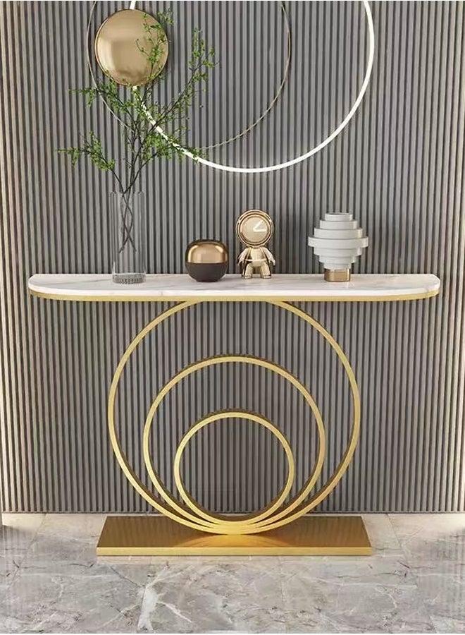 fashionhome Modern Design Italian Light Luxury Rustproof Rock Slab Console Table Curved Shape Tabletop Entryway Table Display Table Circular Ring Base Design Metal Frame Pedestal for Foyer Living Room Home Offices 100x30x80 cm - Image 1