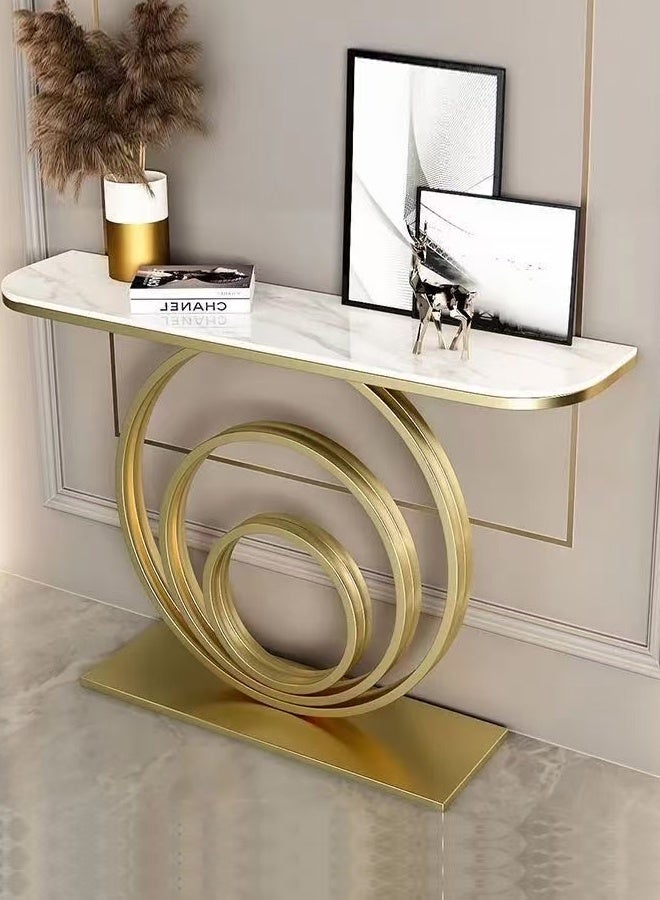 fashionhome Modern Design Italian Light Luxury Rustproof Rock Slab Console Table Curved Shape Tabletop Entryway Table Display Table Circular Ring Base Design Metal Frame Pedestal for Foyer Living Room Home Offices 100x30x80 cm - Image 2