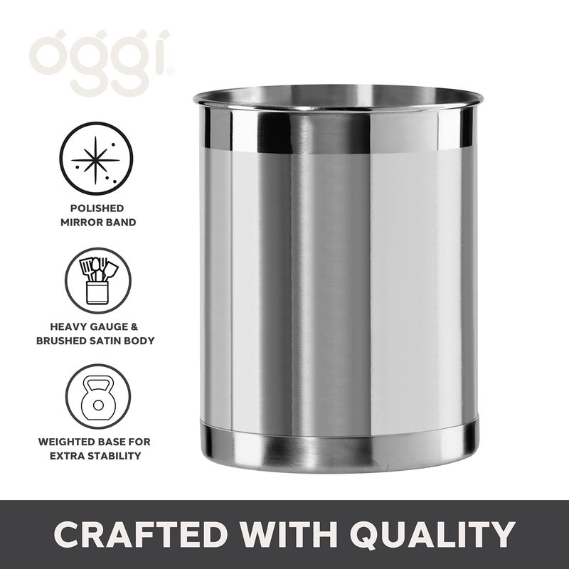 Oggi Stainless Steel Utensil Holder - 5"" Diameter  Utensil Caddy  Weighted Base for Stability - Larger-Sized Utensil Crock and Countertop Utensil Organizer  Stainless Steel - Image 3
