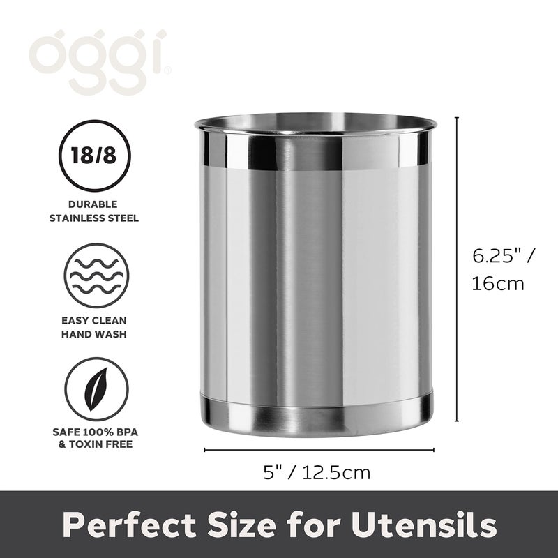 Oggi Stainless Steel Utensil Holder - 5"" Diameter  Utensil Caddy  Weighted Base for Stability - Larger-Sized Utensil Crock and Countertop Utensil Organizer  Stainless Steel - Image 4