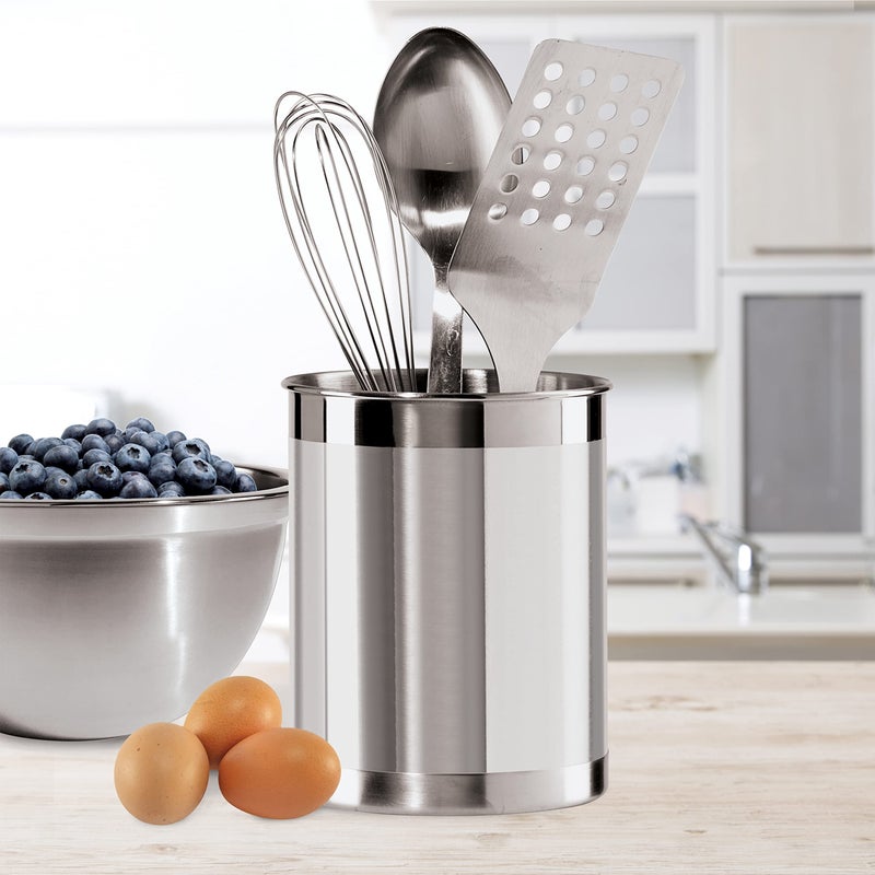 Oggi Stainless Steel Utensil Holder - 5"" Diameter  Utensil Caddy  Weighted Base for Stability - Larger-Sized Utensil Crock and Countertop Utensil Organizer  Stainless Steel - Image 5