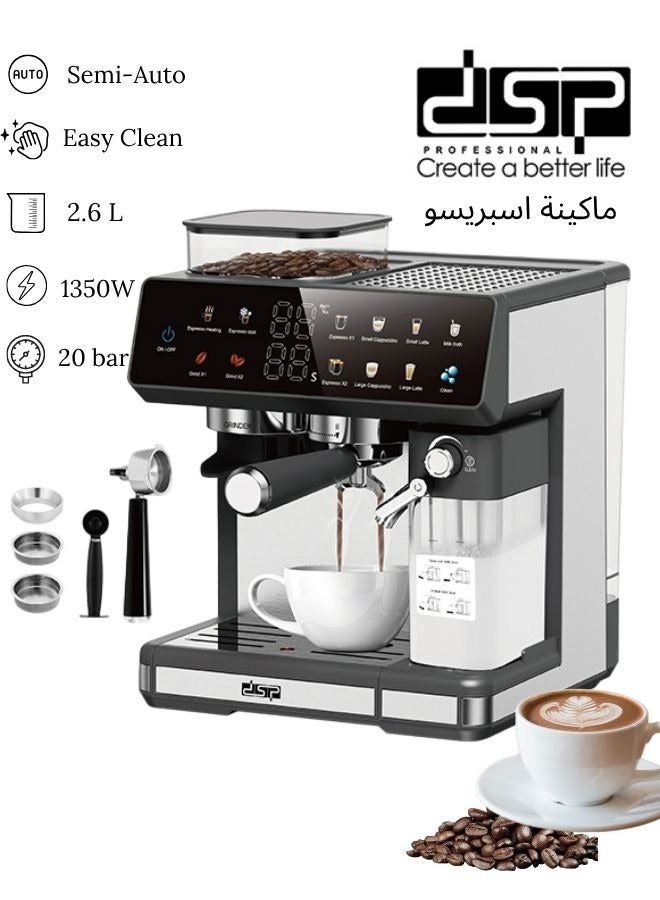 DSP All-in-One Espresso Machine with Grinder & Milk Frother, 20-Bar Automatic Coffee Maker, 1350W/2.6L Cappuccino/Latte/Espresso/ Coffee Machine with Touchscreen,Single/Double Shot Brew, Coffee Maker for Home and Office,KA3146 - Image 1