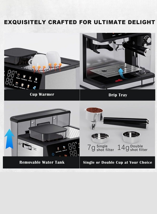 DSP All-in-One Espresso Machine with Grinder & Milk Frother, 20-Bar Automatic Coffee Maker, 1350W/2.6L Cappuccino/Latte/Espresso/ Coffee Machine with Touchscreen,Single/Double Shot Brew, Coffee Maker for Home and Office,KA3146 - Image 4