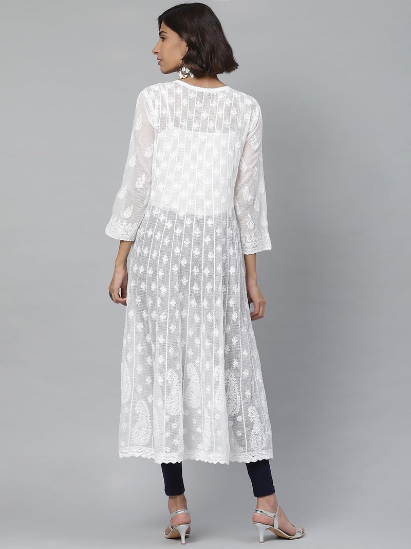 Ada Hand Embroidered Lucknowi Chikankari Kota Doria Flared Anarkali A-Line Kurta Kurti for Women A411120 White (L) - Image 2