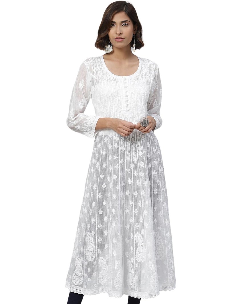 Ada Hand Embroidered Lucknowi Chikankari Kota Doria Flared Anarkali A-Line Kurta Kurti for Women A411120 White (L) - Image 1
