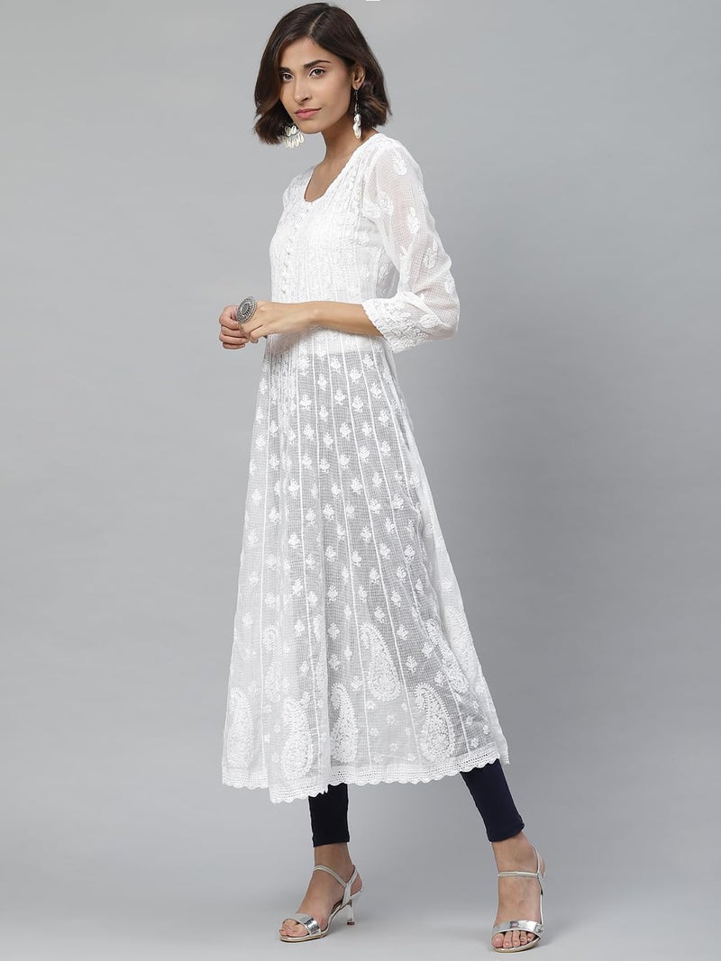 Ada Hand Embroidered Lucknowi Chikankari Kota Doria Flared Anarkali A-Line Kurta Kurti for Women A411120 White (L) - Image 4