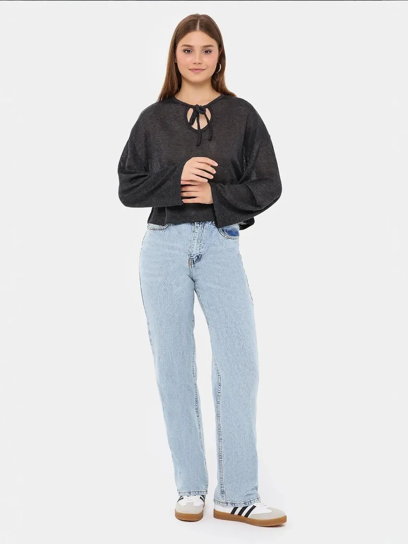 HICCUP Knitted Loose Fit Round Neck Blouse with Tie-Up Detail