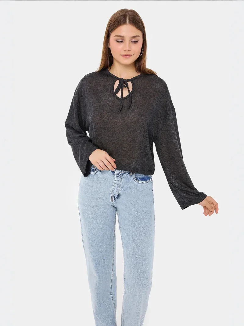 HICCUP Knitted Loose Fit Round Neck Blouse with Tie-Up Detail