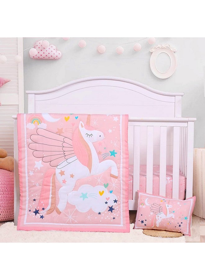 UOMNY Crib Bedding Set for Girls - Pink Baby Nursery Sets 3 Pieces Quilt Comforter Fitted Sheet Toddler Pillowcase Soft Star - Image 1