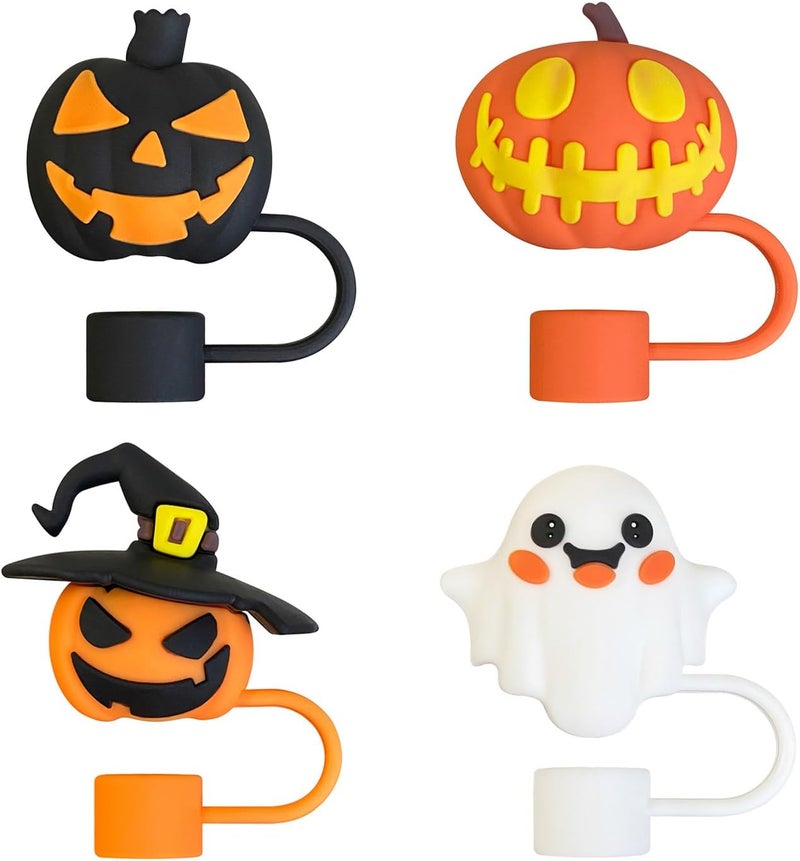 LYLYNB 4Pcs Halloween Straw Toppers Pumpkin Ghost Straw Covers Reusable Silicone Straws Cover Cap 10mm 0.4in Halloween Straws Lids Protectors Cute Ghosts Cup Accessories for Stanley Decorations - Image 1