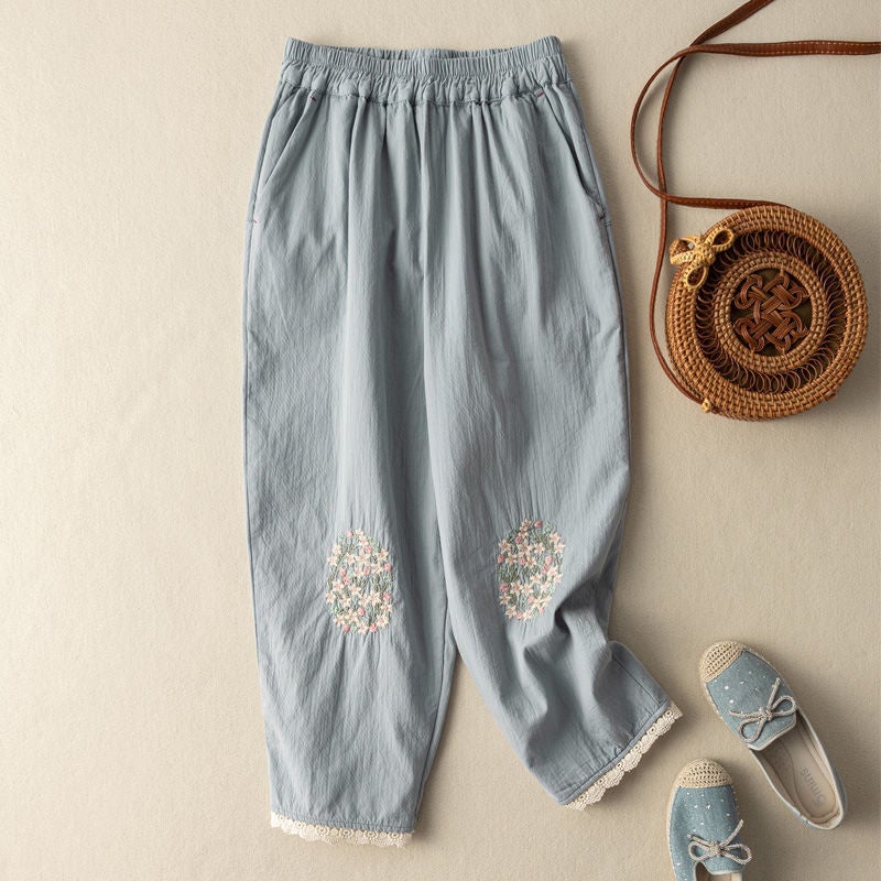 Cotton Linen Lantern Pants Lace Patchwork Embroidered Casual Capris for Women j338 White  - Image 2