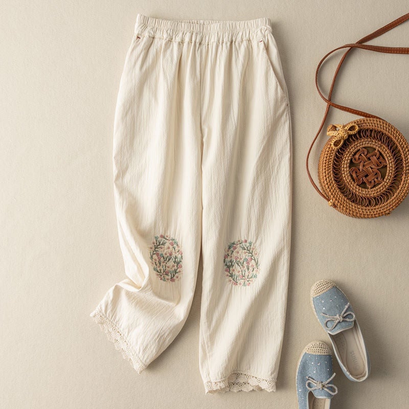 Cotton Linen Lantern Pants Lace Patchwork Embroidered Casual Capris for Women j338 White  - Image 1