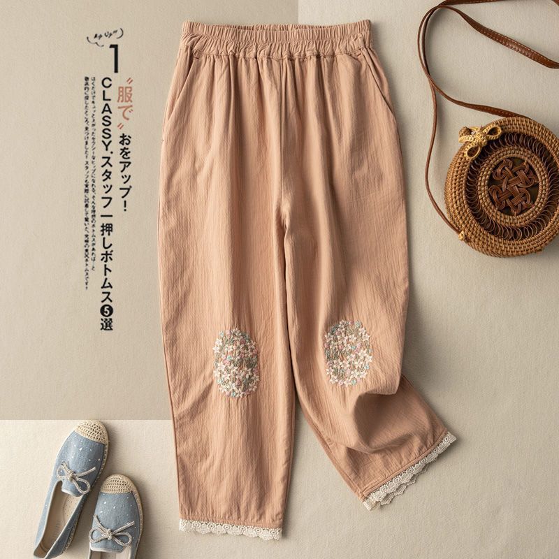 Cotton Linen Lantern Pants Lace Patchwork Embroidered Casual Capris for Women j338 White  - Image 4