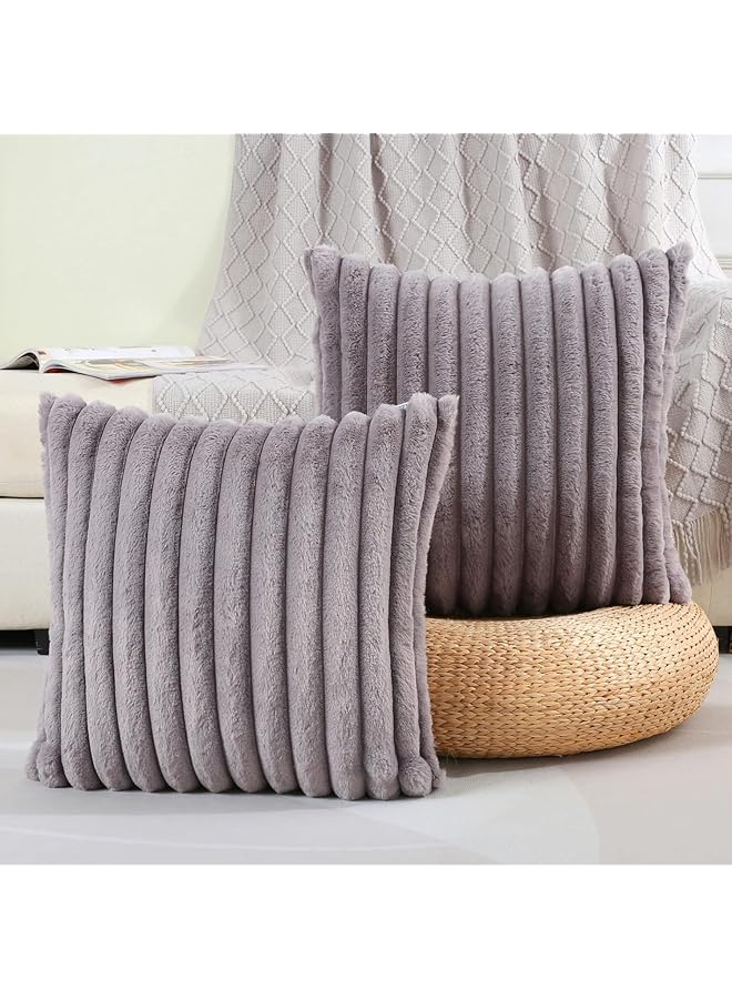 The Bros Throw Pillow Covers, 2 Pcs 45x45cm Plush Striped Couch Pillow Covers, Soft Fluffy Striped Decorative Pillow Covers, Cushion Cases for Sofa, Couch, Bedroom, Living Room (Grey) - Image 1