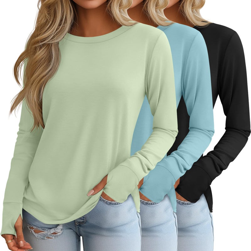 Huukeay 3 Pack Women's Long Sleeve Shirts with Thumb Holes, Cotton Casual Crew Neck Tunic Tops Fall Loose Y2k Trendy Outfits(Black, Light Blue, Light Green,Small) - Image 1